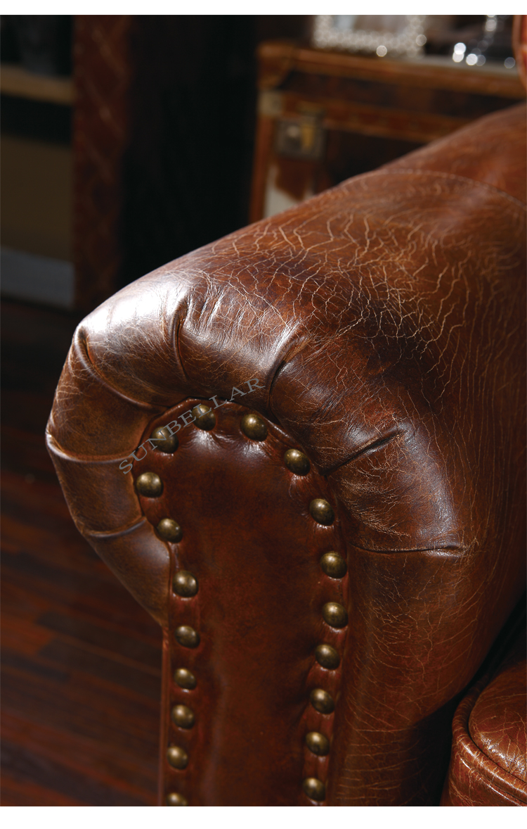 luxury home furniture America vintage tan leather sofa roll arm single seat armchair antique genuine leather sofa