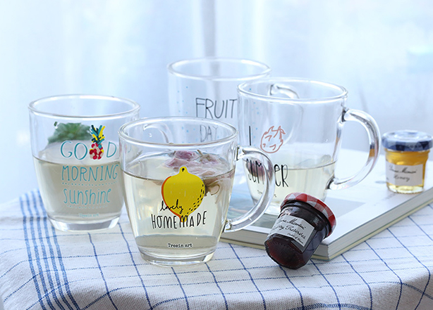 Decoration 13oz glass tea cups with handle flower printing glass  mug