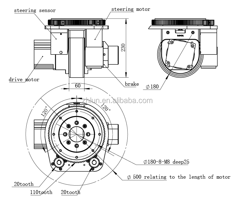 roda da movimentação de direção do AGV de 230mm para as rodas da movimentação do carro da logística do agv