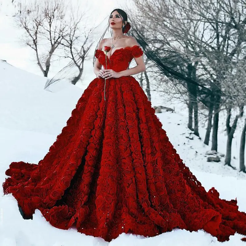 red gown bride
