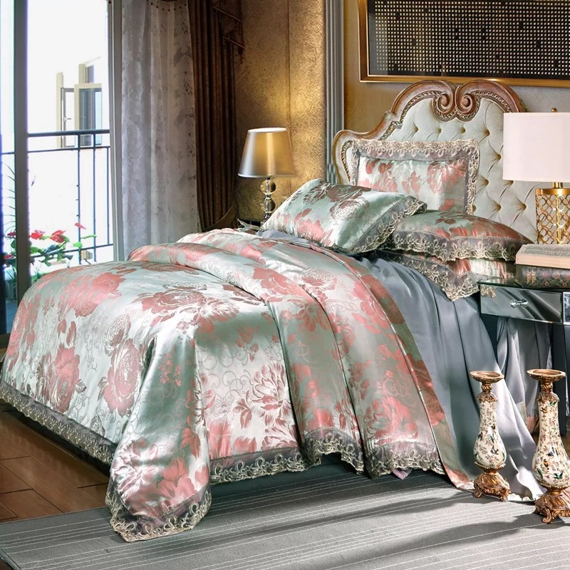 Delicate Floral Pattern Bedding Sets, 4 Pcs Sateen European Luxury Jacquard Comforter Sets, Duvet Cover Flat Sheet and pillows