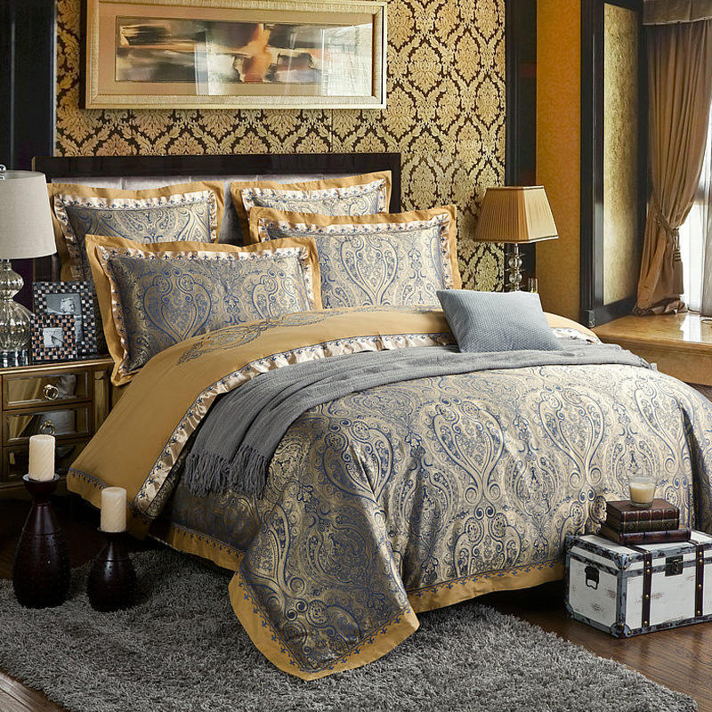 Delicate Floral Pattern Bedding Sets, 4 Pcs Sateen European Luxury Jacquard Comforter Sets, Duvet Cover Flat Sheet and pillows
