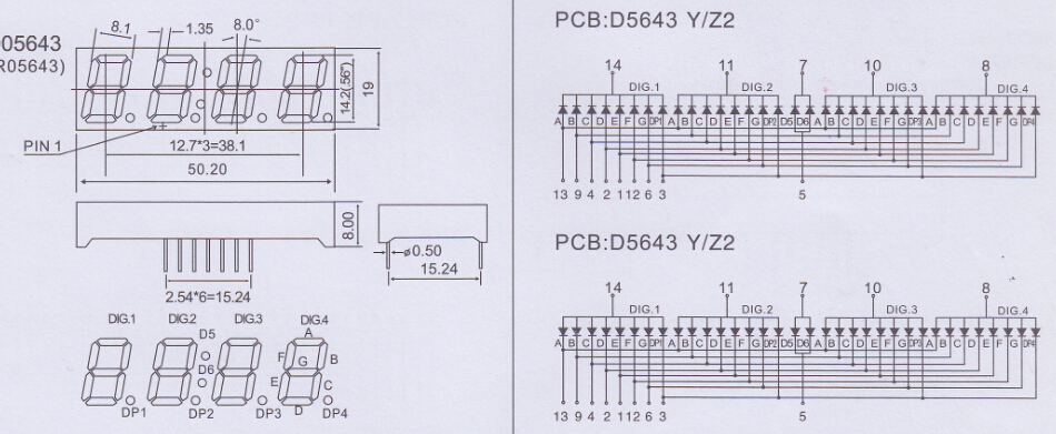 Green 0.56" 4 digit 7 segment display for time clock 50.2*19mm seven segment display 14 pins cc