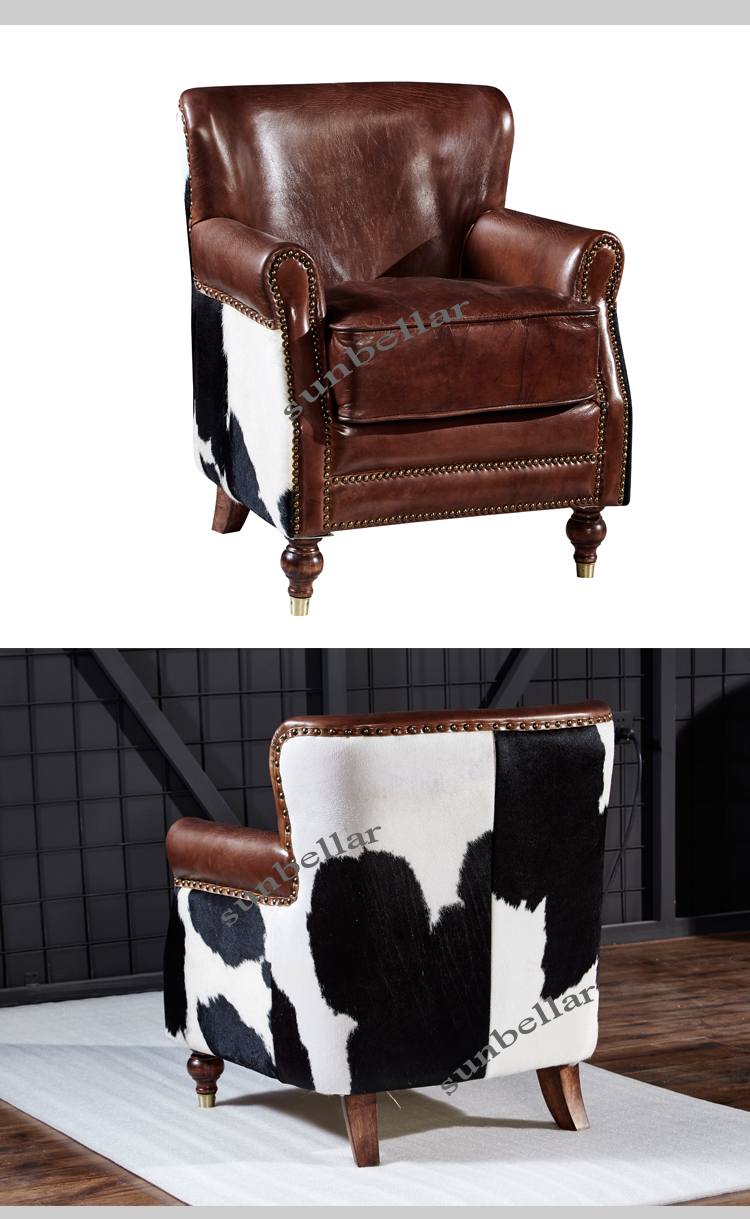 luxury vintage cowhide leather armchair with cow fur leather back lounge sofa chair single royal chair for living room furniture