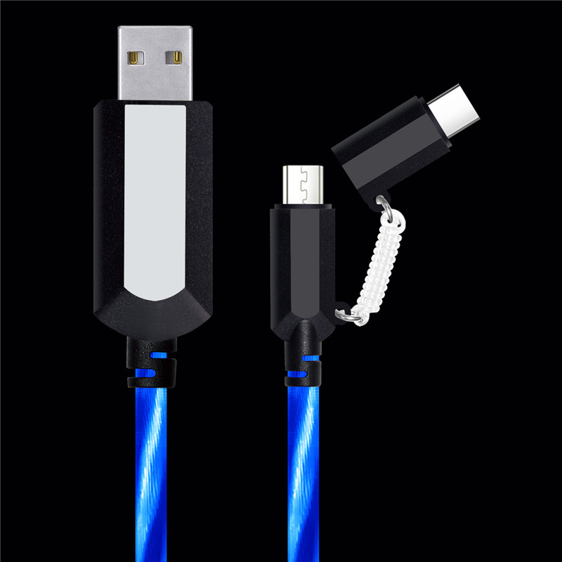Alta qualidade Novos produtos Micro e Tipo-C 2 EM 1 LEVOU Fluindo cabo USB Luz