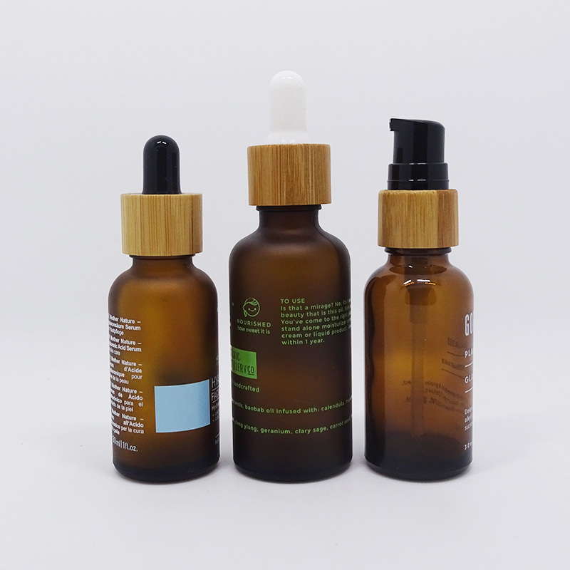 screen printing amber frosted glass essential oil bottle with bamboo dropper and bamboo pump