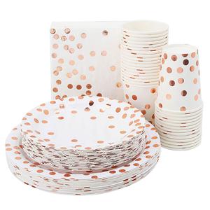 Rose Gold Dot Disposable Paper Cups Plates Napkins Set 50 Cups 50 Dinner and Dessert Plates 50 Napkins Wedding Anniversary