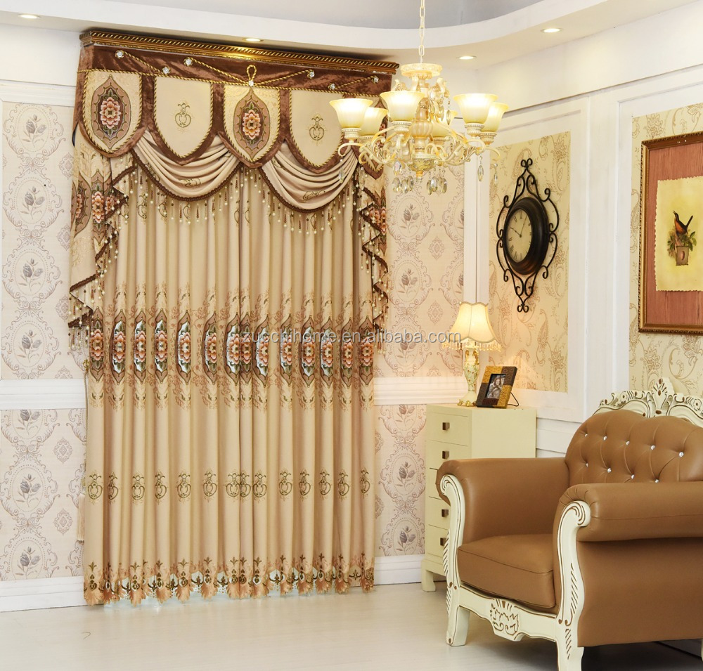Luxo 2019 poliéster tecido de Linho estilo América moderna casa bordado pronto cortina da janela com valência anexado