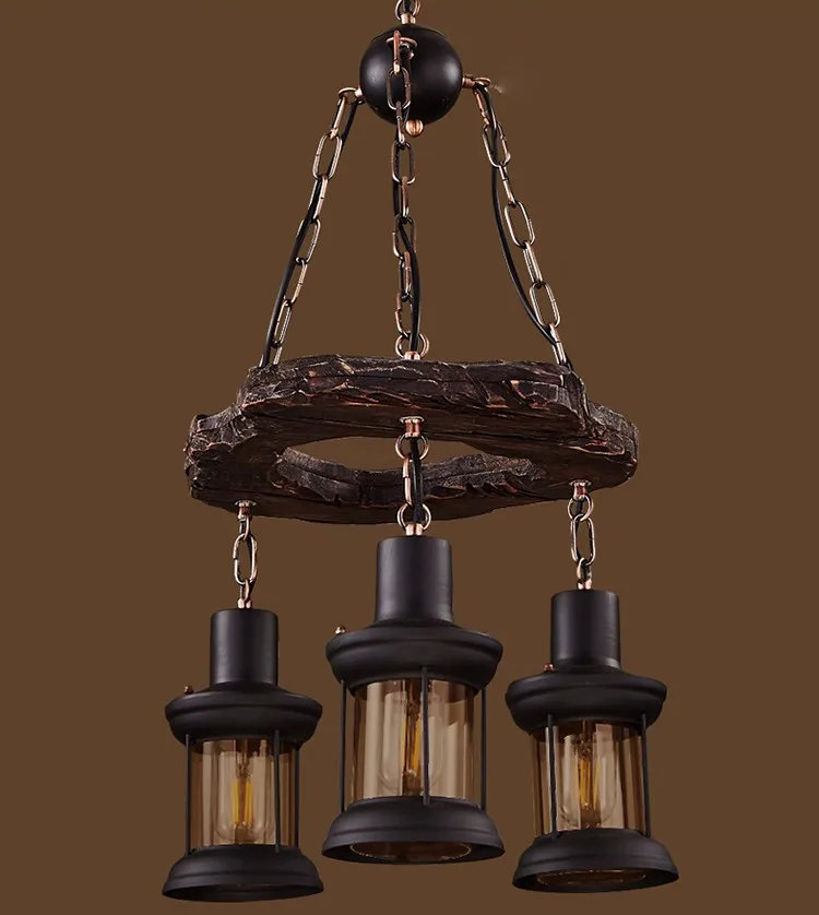 3 heads vintage iron wooden color chandelier led pendant lights modern for hotel