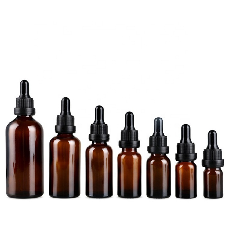 5ml 10ml 15ml 20ml 30ml 50ml 100ml Amber Boston Round Cosmetics Essential Oil Glass Bottles with Safety Ring Pipette Droppers