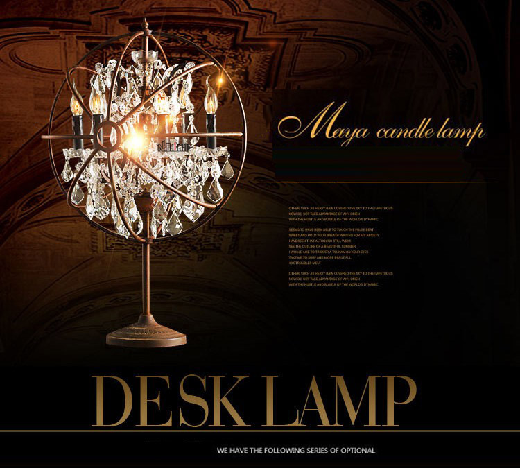 Elegant Retro rust iron table lamp and crystal table lamp for coffee shop restaurant clothing shop