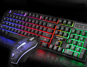 Wired 104Keys Backlit Multimedia Ergonomic Gaming Keyboard and Mouse with Laser Printing + 1200DPI 3D mouse