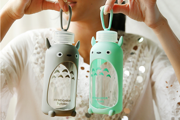 370ml Cute Totoro Cartoon Glass Cup,Travel Water Bottle With Silicone Sleeve.