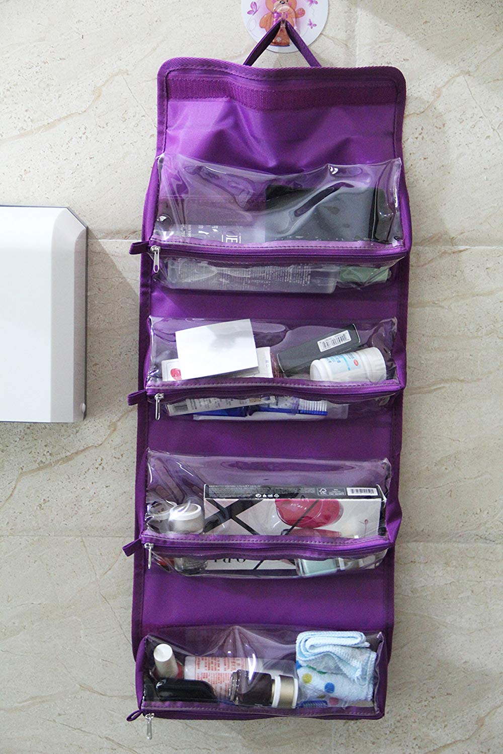 Organizzatore per trucco arrotolabile da appendere e borsa da viaggio, 4 trousse per cosmetici rimovibili