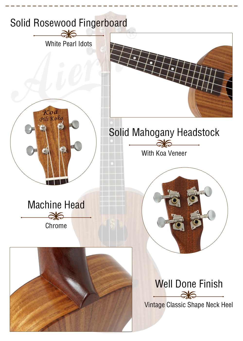 Koa Pili Koko Brand Deluxe All Solid Koa Ukulele in Soprano and