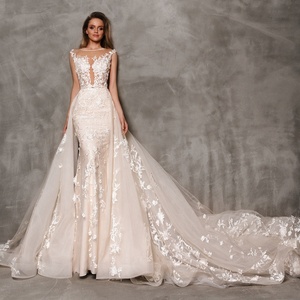 Romantic Lace Appliqued Mermaid Wedding Dresses with Removable Train 2019 New Illusion Wedding Dress Bridal Gown Robe de Mariage