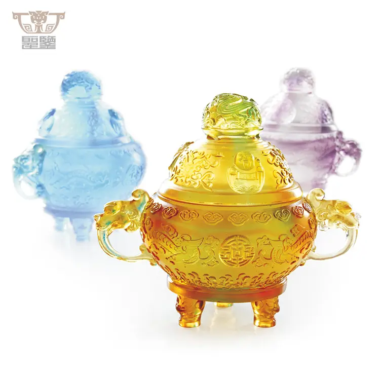 Colored Crystal Glass Three Star Gods Buddha Coil Home Incense Burner