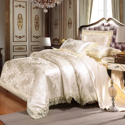 Delicate Floral Pattern Bedding Sets, 4 Pcs Sateen European Luxury Jacquard Comforter Sets, Duvet Cover Flat Sheet and pillows