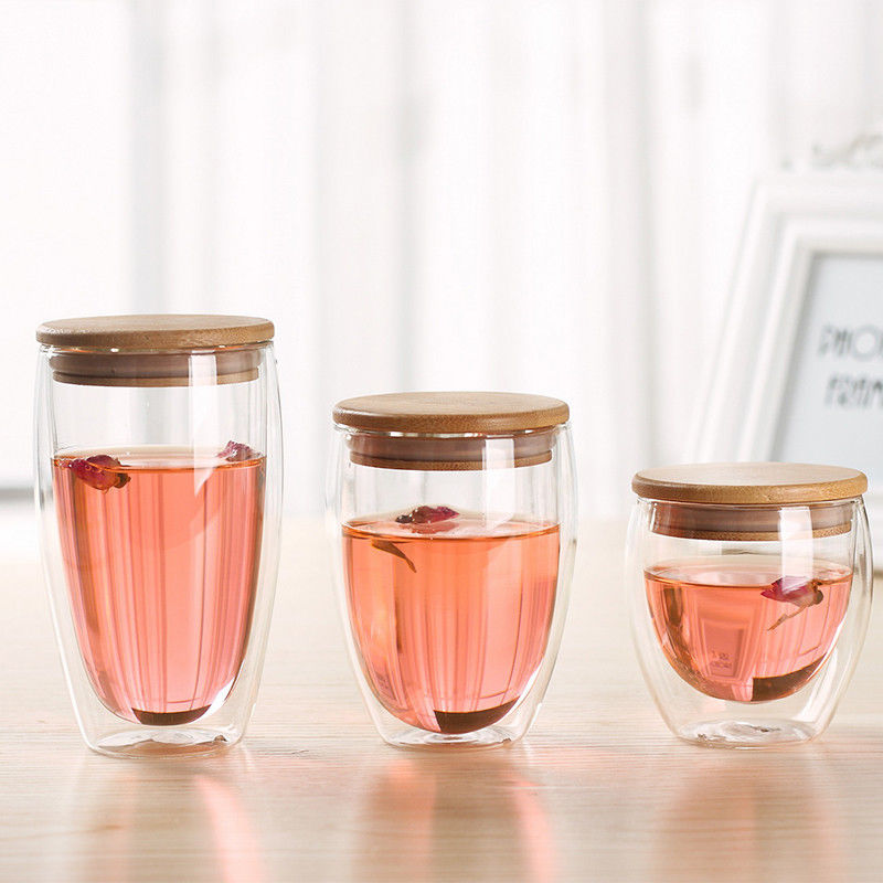Haonai 240ml 360ml 450ml double wall borosilicate glass cup glass tea cup with wooden seal lid