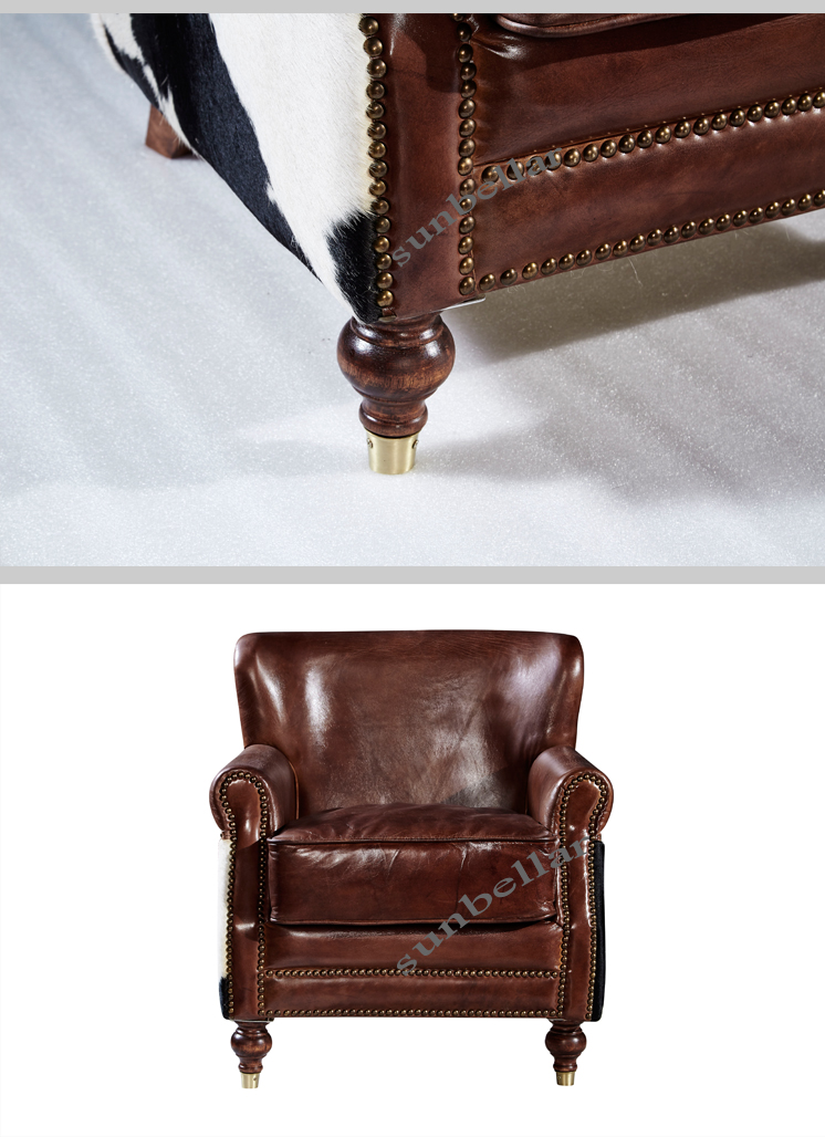 luxury vintage cowhide leather armchair with cow fur leather back lounge sofa chair single royal chair for living room furniture