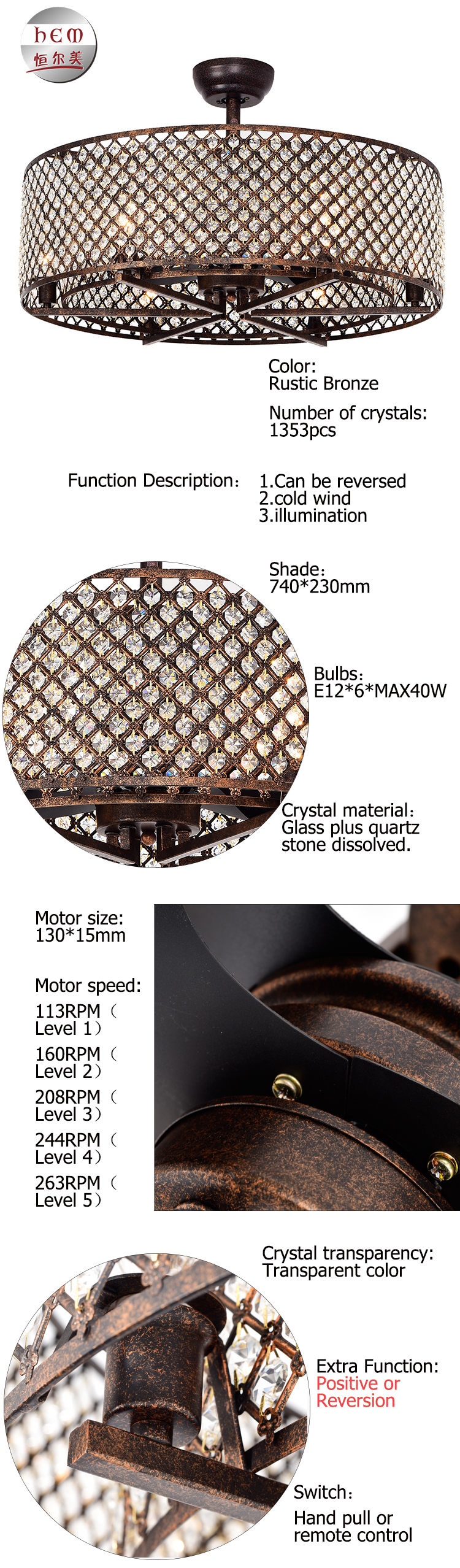 Retro Bronze Antique Fan Energy Saving Modern Decorative Crystal Ceiling Fan Light With Remote Control