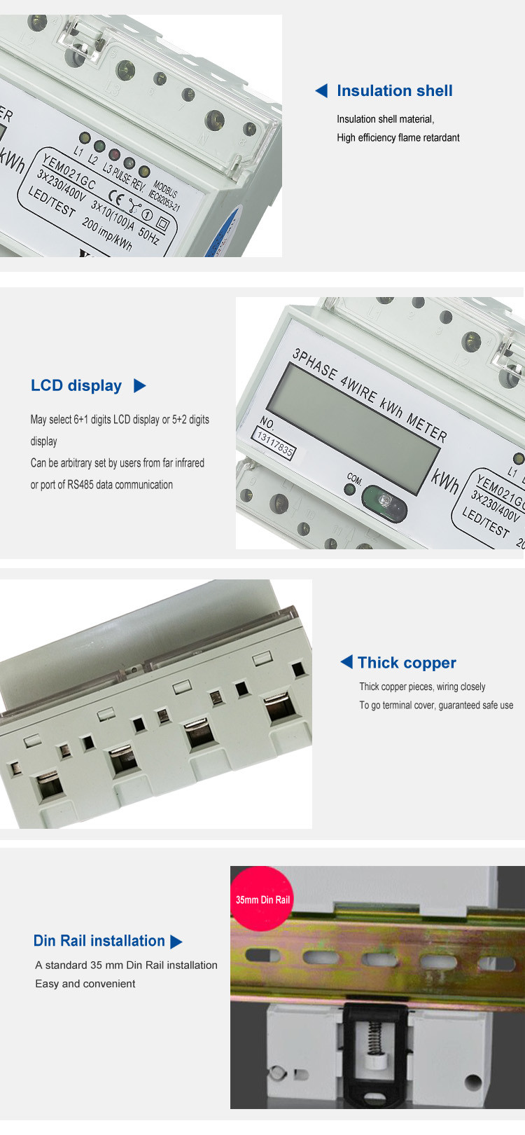 YEM021GC RS485 and infrared 3 Phase 4 Wire Din Rail Energy Meter/AMR Electric Digital Power Meter