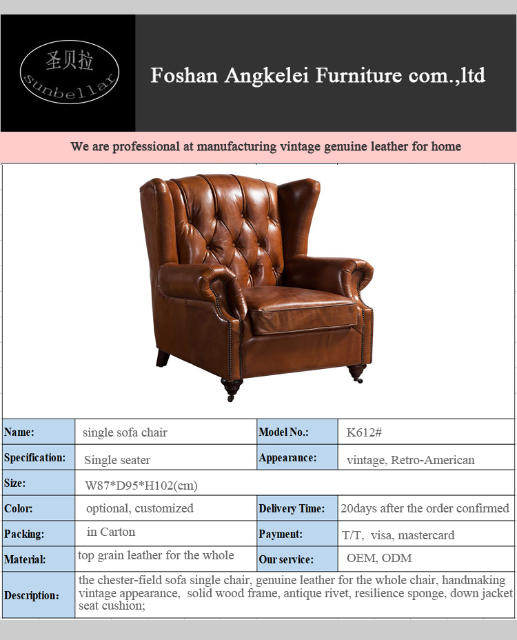 luxury American village vintage genuine leather wing back chair tufted buttons chesterfield rolled arm high back sofa chair