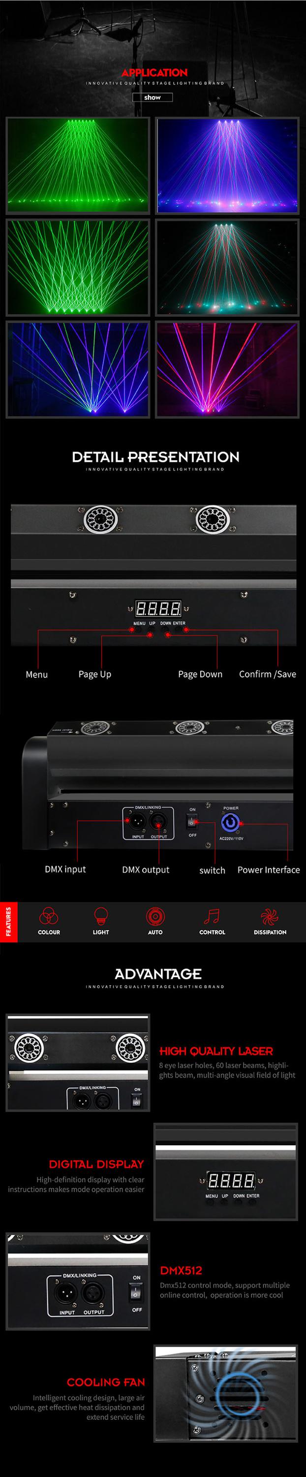 guangzhou ENDI 8 eye full color moving head laser stage light with 8 hole beam effect for club dj disco decoration lighting