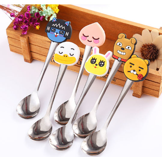 Haonai 14cm stainless steel kids food serving spoon with customized printed silicone handle