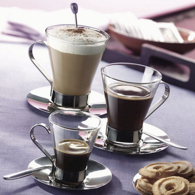 Haonai 110/220/320ml Glass Coffee/Latte Cup Oslo Cappuccino Cup with Removable Stainless Steel Handle, Set of 4, Gift Boxed