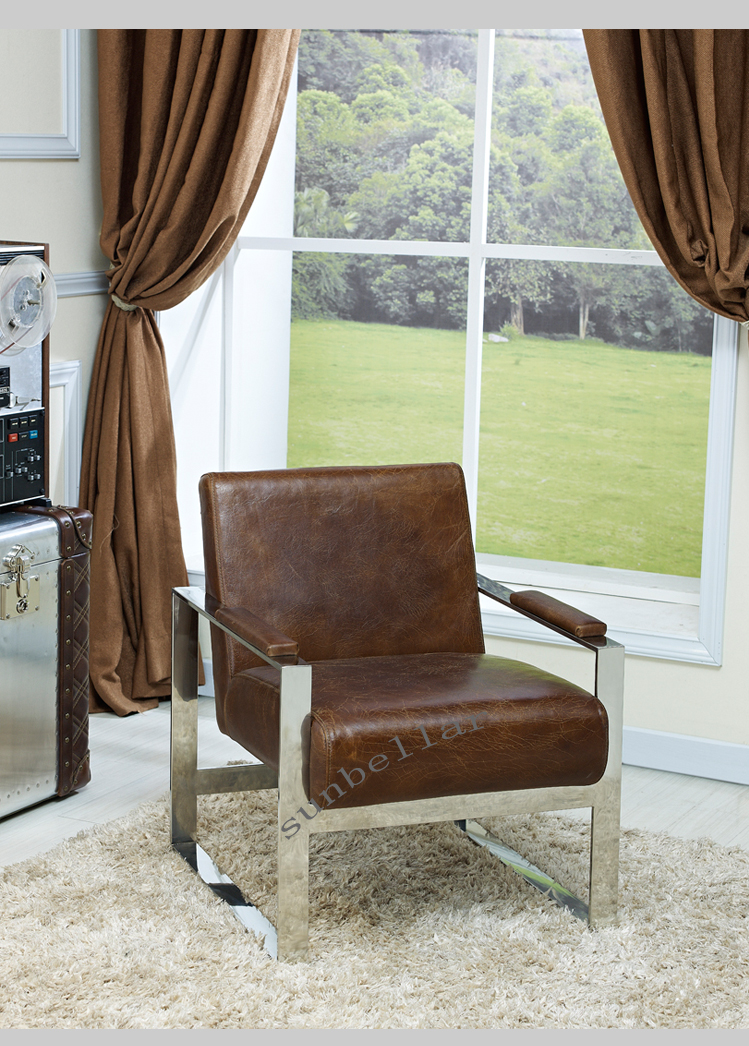 Foshan Furniture factory stainless steel metal vintage genuine leather armchair home office waiting chair multi purpose use