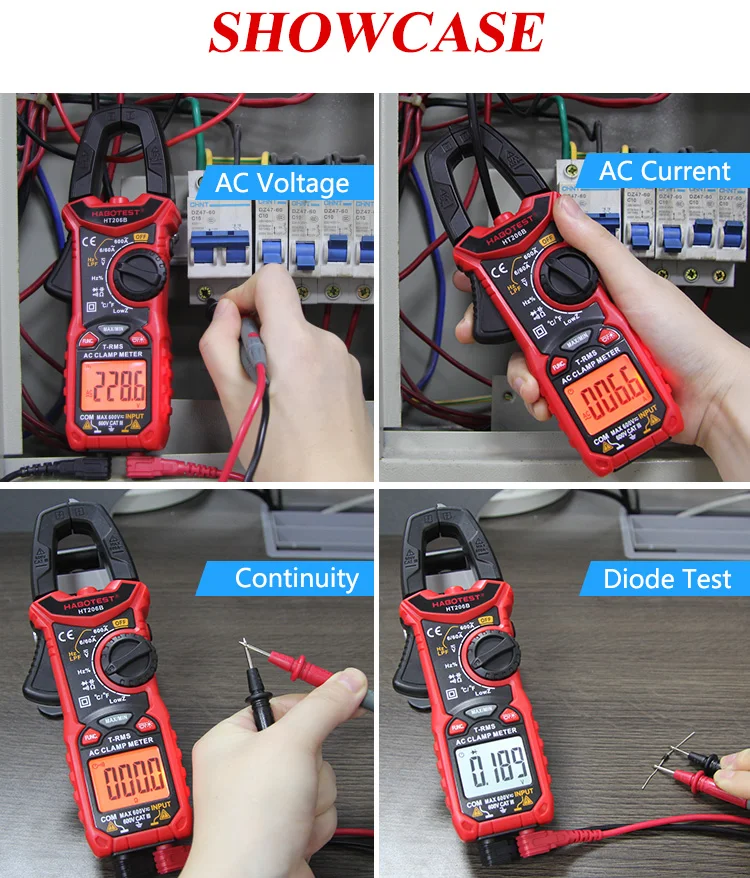 HABOTEST HT206A Diode Test True RMS Auto Range Continuity Black and  Red Digital Clamp Meters