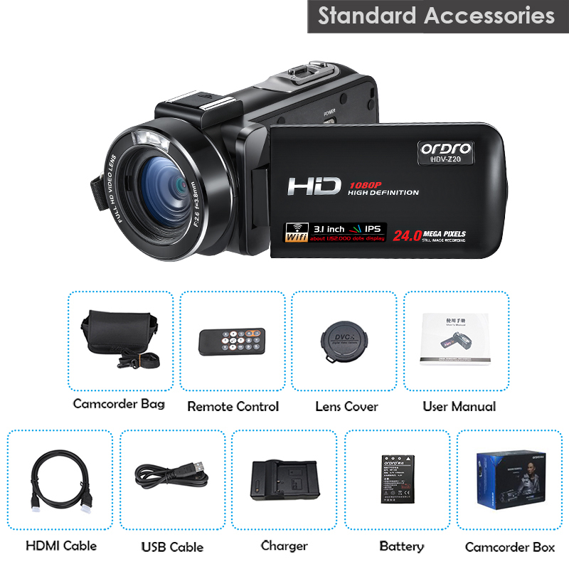 ORDRO Z20 Camcorder - Full HD, 16X Zoom, IPS Touch Panel