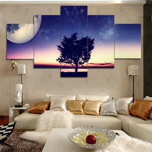 5 Pieces Fantasy Landscape tree Canvas oil painting Wall Art Shiny Starry Sky for Home Decor