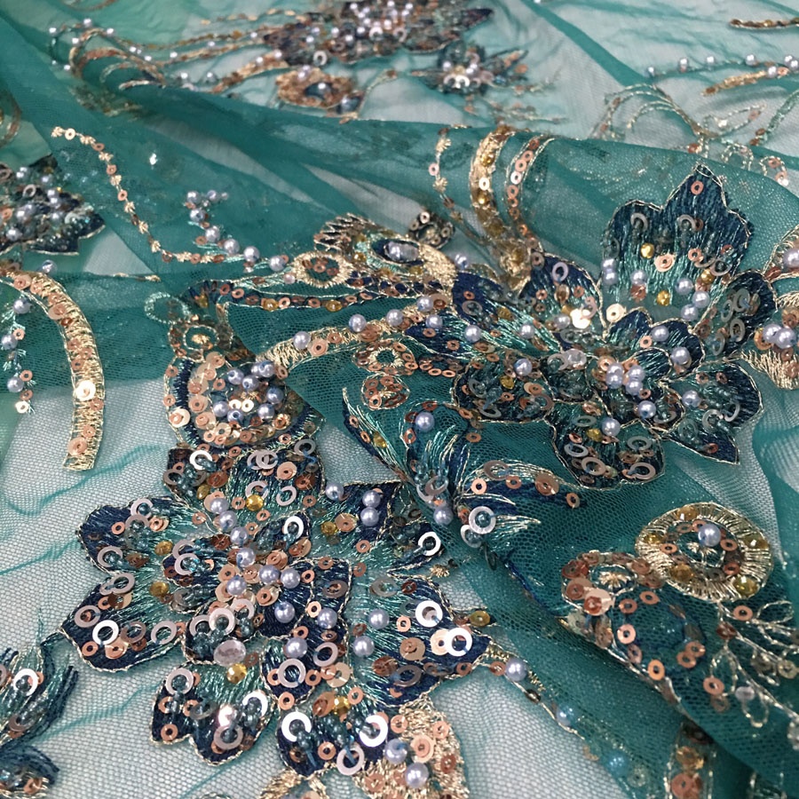 Китайская фабрика, дизайнерская зеленая последовательная вышивка, дизайн ручной работы, жемчуг, блестки, бисер, кружево, тюль, ткань для платья