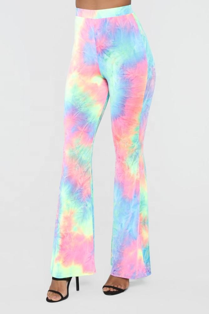 KY Sexy Tie Dye Halter Crop Top Lace-Up Tie Back Flare Pants High