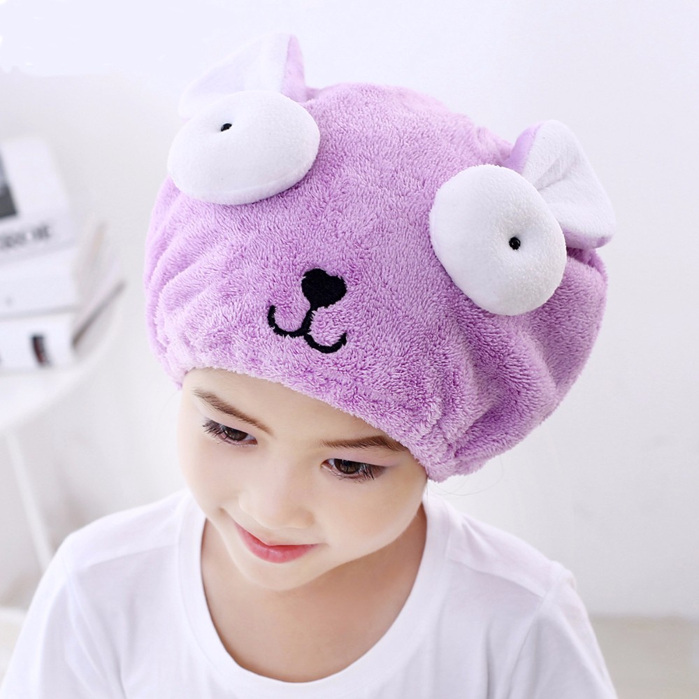 可爱动物绣花浴巾强吸收干燥浴帽长天鹅绒超柔软儿童专用干燥发帽