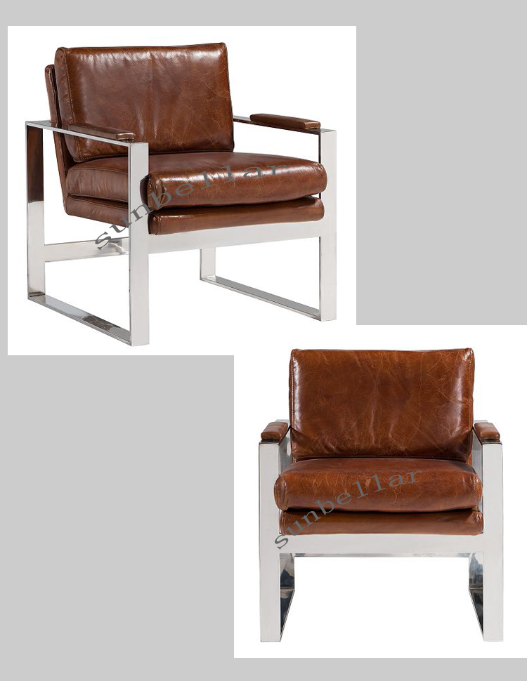 Foshan Furniture factory stainless steel metal vintage genuine leather armchair home office waiting chair multi purpose use