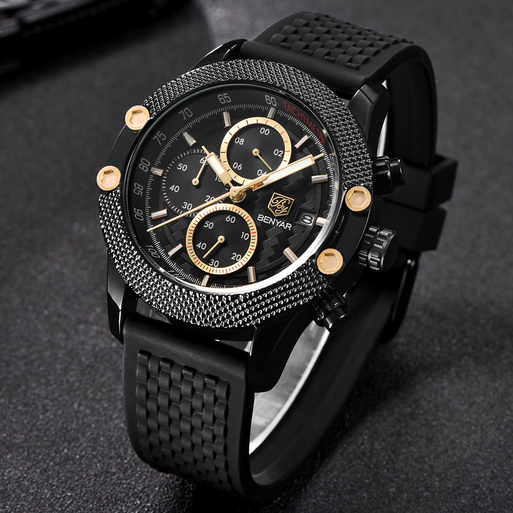 benyar 运动计时腕表时尚手表男士网状和橡胶带防水奢华品牌石英手表