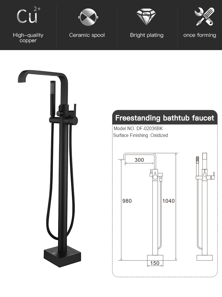 China Factory Good quality Prices Bathtub Faucet Black Floor Mount Brass Single Handle Bathroom Faucets with Hand Shower