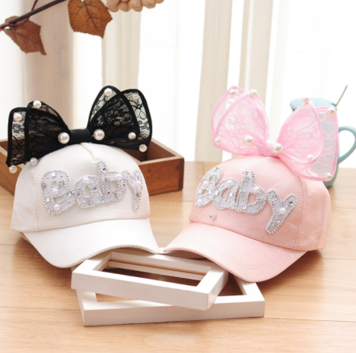 Summer Children Baseball Cap Girls Snapback Hip Hop Caps Rabbit Ear Pearl Big Bow Kids Sun Visor Hat