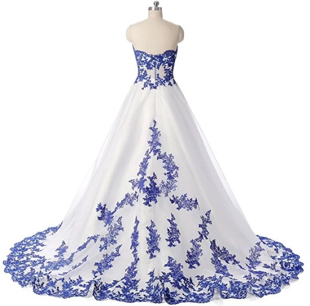 Retro Grown Two Tone Royal Blue and White Short Front Long Tail Wedding  Dress - Vintage Long Sleeve Plus Size Option Available