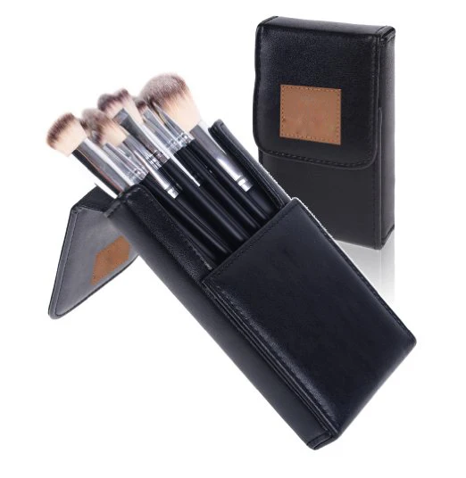 Pro 10 Piece Essential Black Cosmetic Brush Set with Travel Pouch Make up Tools