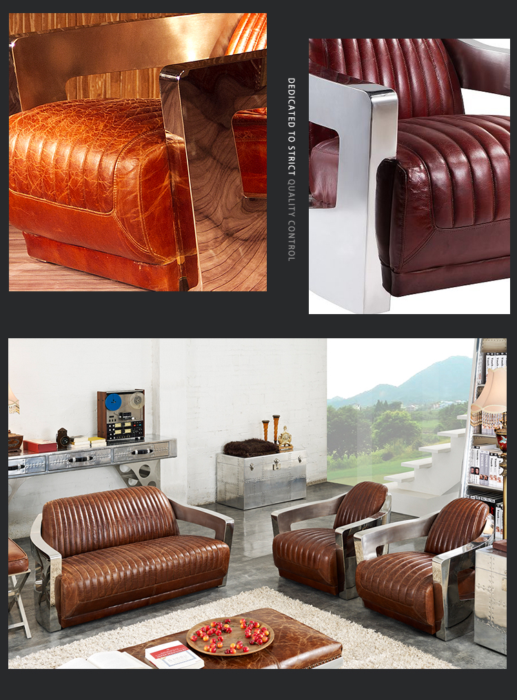 customized coffee shop sofa stainless steel top grain leather modern classic furniture sofa chair love seat