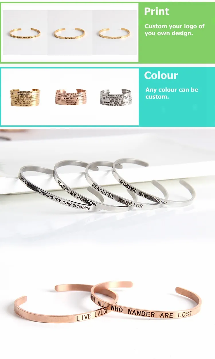 fashion jewelry custom adjustable 5mm stainless steel engraved cuff bracelet bangle