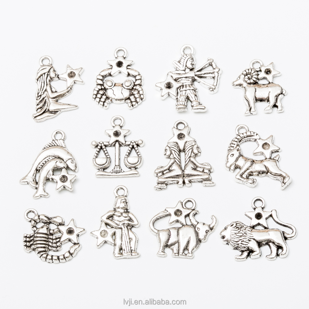 Atacado encantos do zodíaco signos do zodíaco pingente de Prata para a tomada de colar