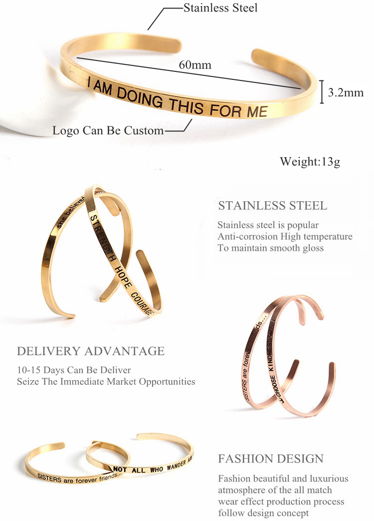 jóias de moda ajustável personalizado 5 mm aço inoxidável gravado pulseira de pulseira