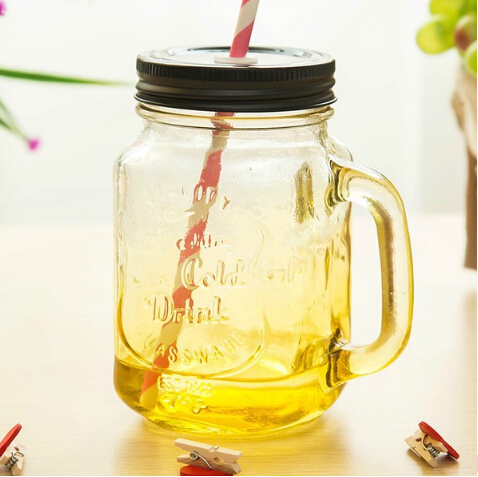 Mason Glass Drinking Jars Cocktail Glass Mugs Handle Tin Lid Straws Set