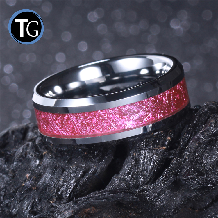 Fede Nuziale In Foglia D'oro Giallo E Meteorite In Carburo Di Tungsteno Nero Da 8 Mm Con Superficie Sfaccettata, Anello Di Fidanzamento O Promessa Di Anniversario Per Uomo - Italia - Foto 5