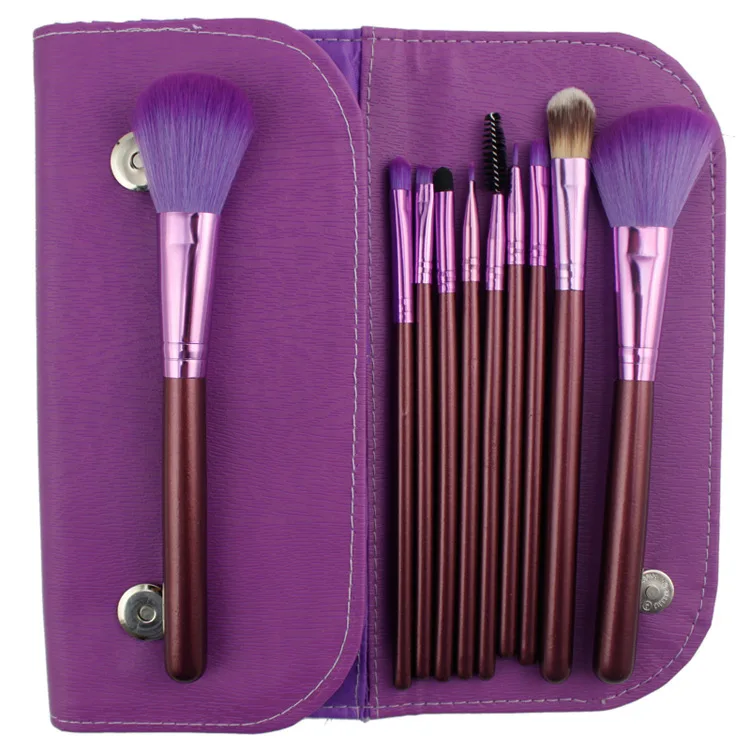Private Label Customized logo wood handle 10pcs purple travel makeup brush set with bag